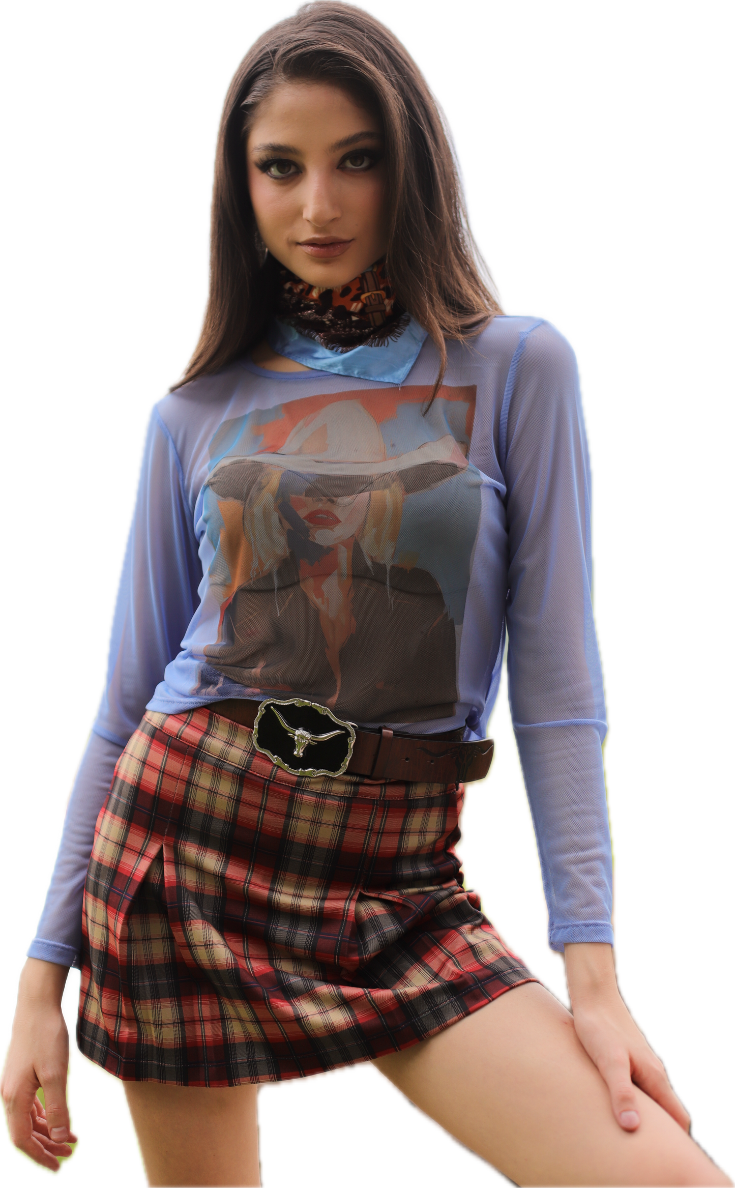 Blusa manga larga mesh vaquera